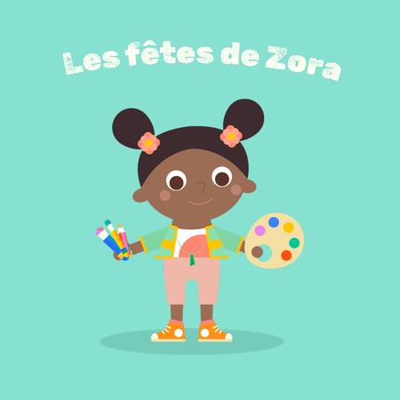 Une fillette montre sa palette et ses crayons