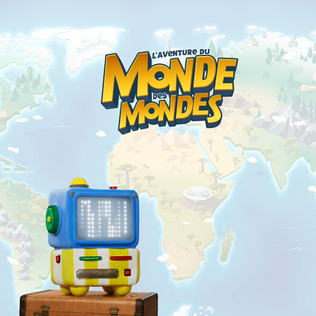 Blox, le petit robot, devant une mappemonde